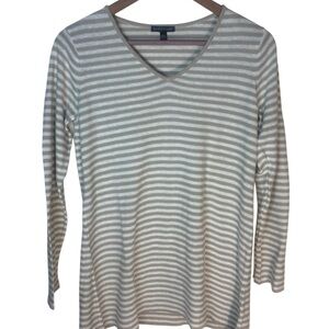 Eileen Fisher Linen Blend Striped V-Neck Long Sleeve Top